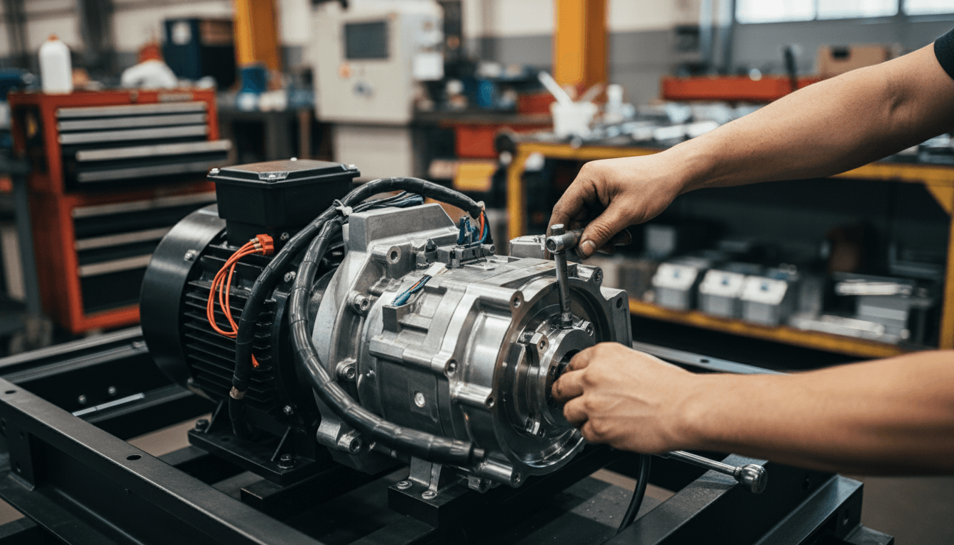 Technician assembling high-quality generator motor components at Bove srl manufacturing facility in Salerno
