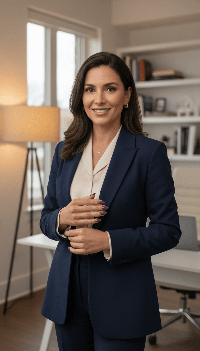 Confident woman displaying beautifully manicured nails in professional home office setting