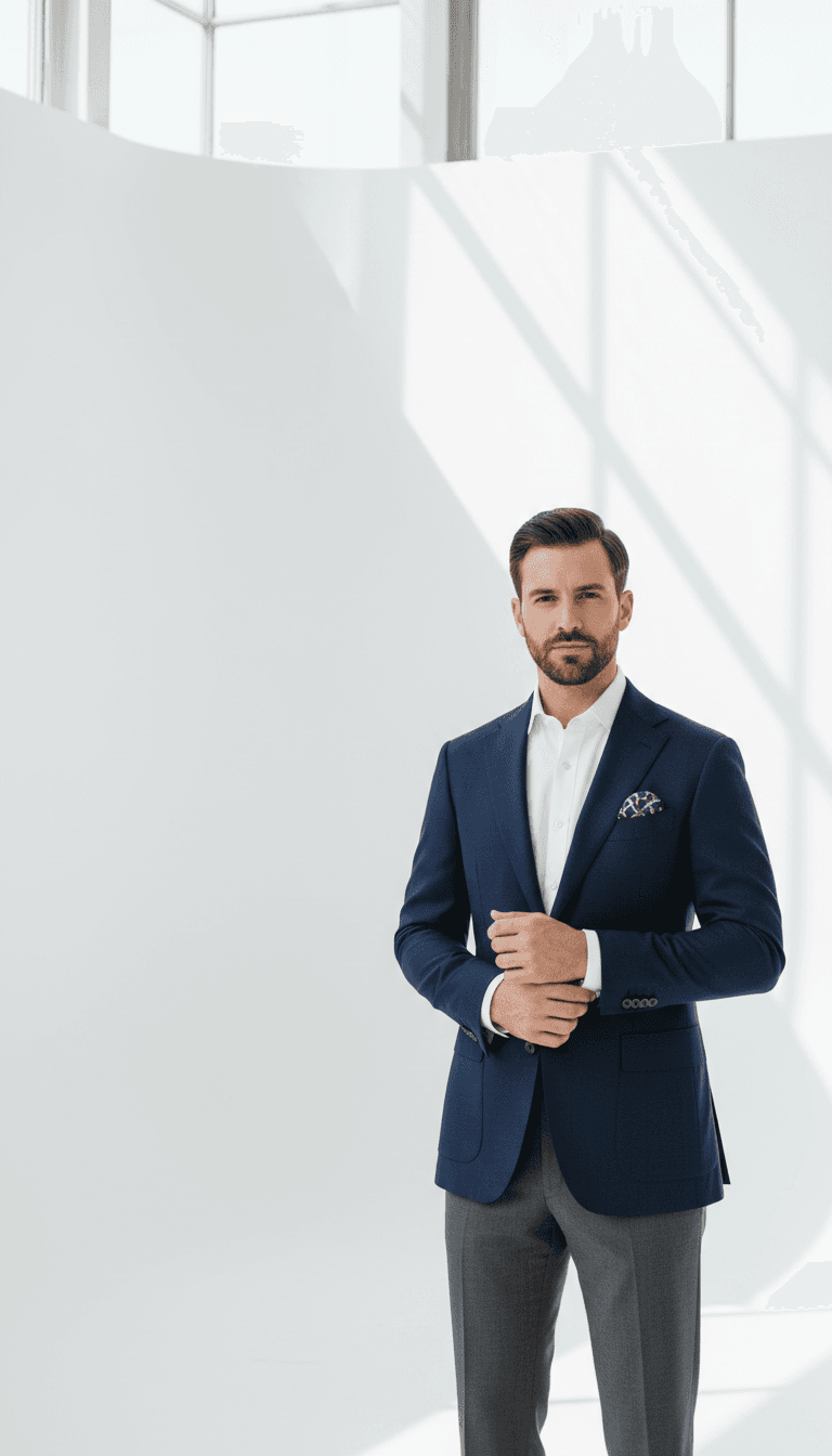 Confident man wearing tailored navy blazer and crisp white shirt in minimalist white studio setting